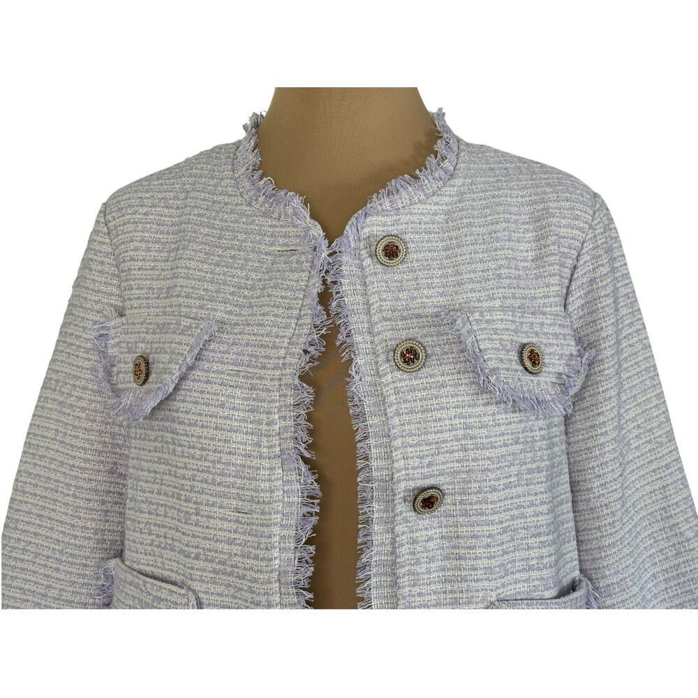 BBGD Lavender Tweed Fringe Designer Blazer Jacket Button Cropped Parisian Size L - Picture 4 of 10